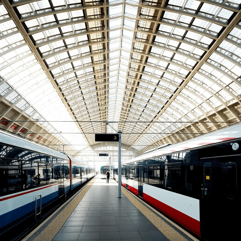 modern train station in Monfalcone Italy with buses and trains, bright daylight, travel photography style